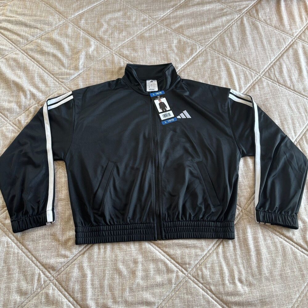 NWT Adidas Youth Tricot Full Zip Track Jacket Black White Striped Size L (14/16)